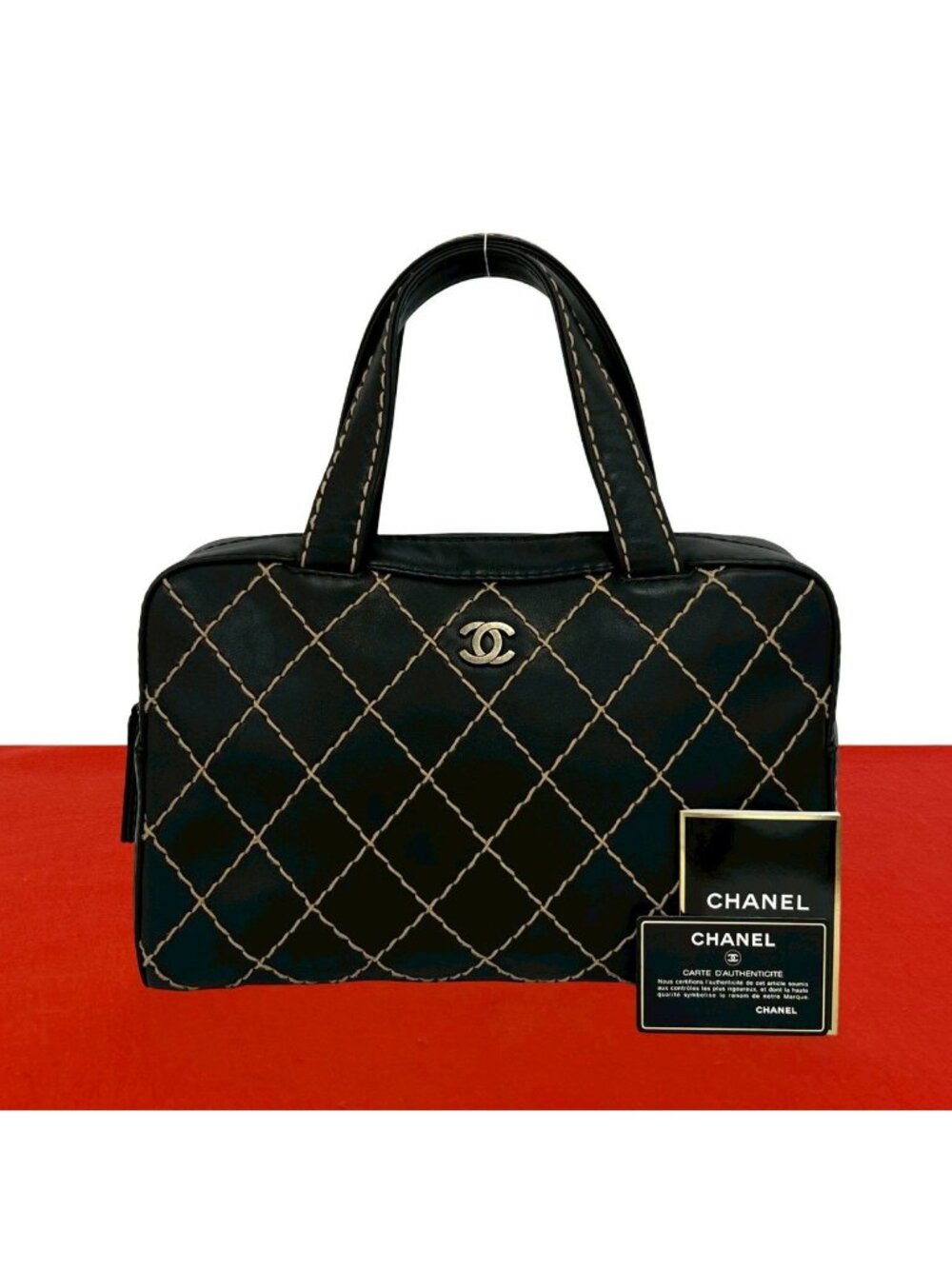 Chanel Card Wild Stitch CC Logo Leather Boston Bag Black